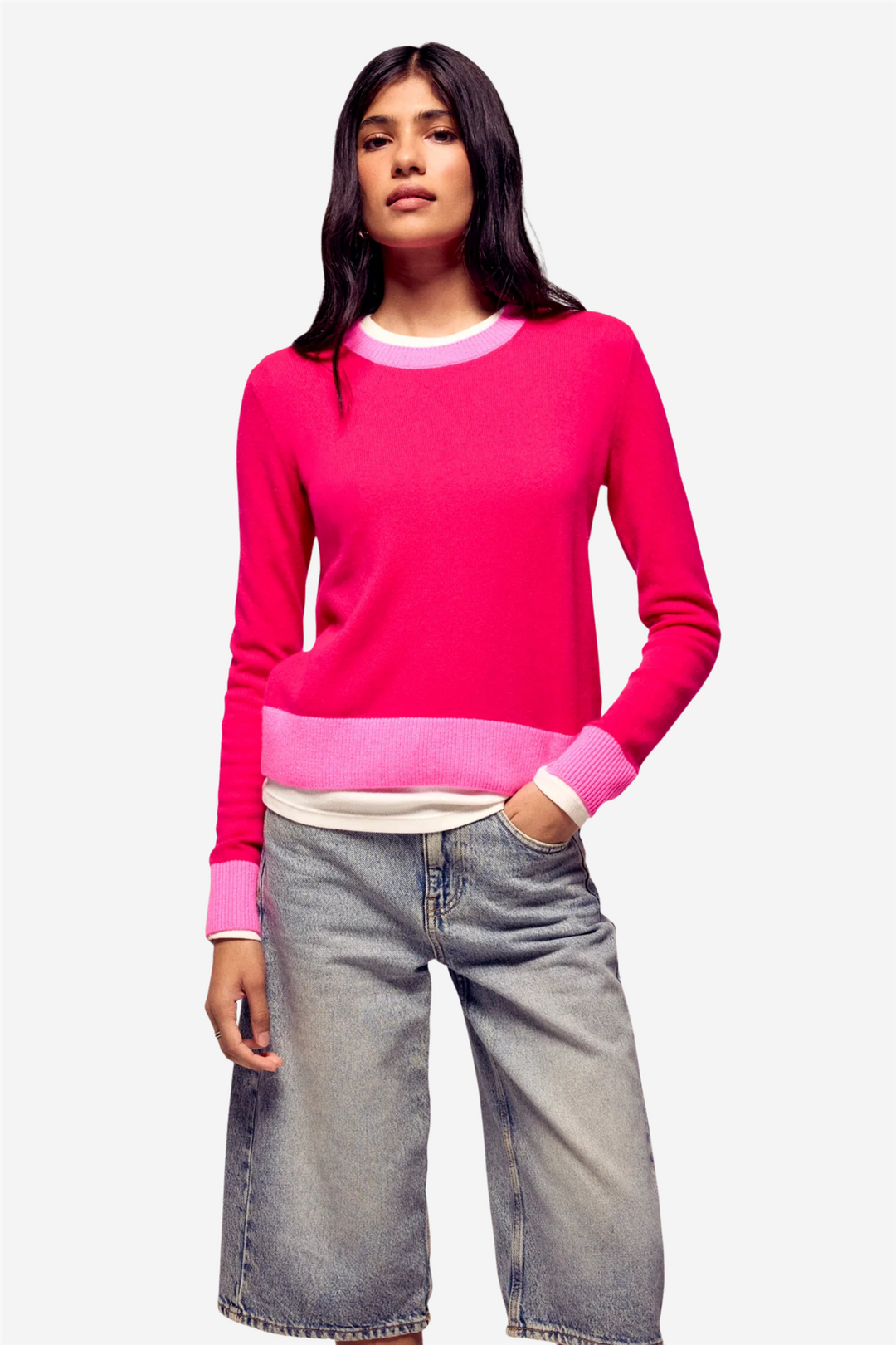 Two-Tone Crewneck Sweater Raspberry Pink