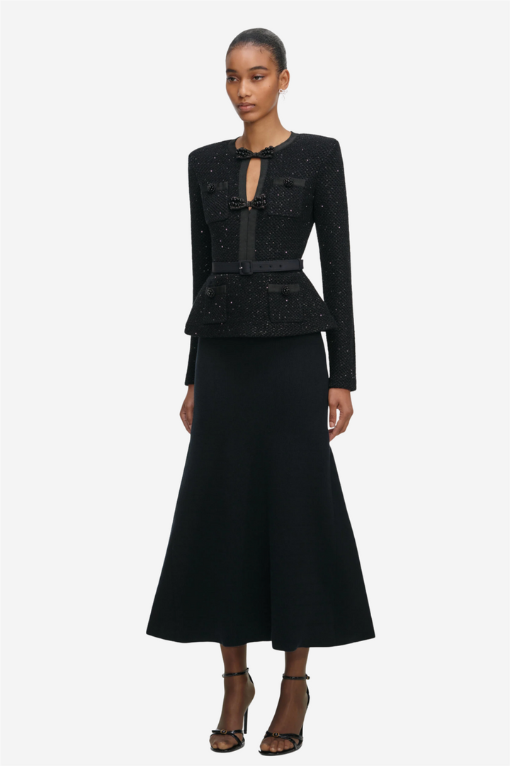 Black Sequin Knit Tailored Midi Dress