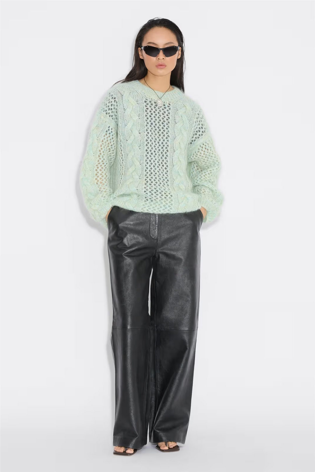 Mohair Cable Knit Crew Green Mix