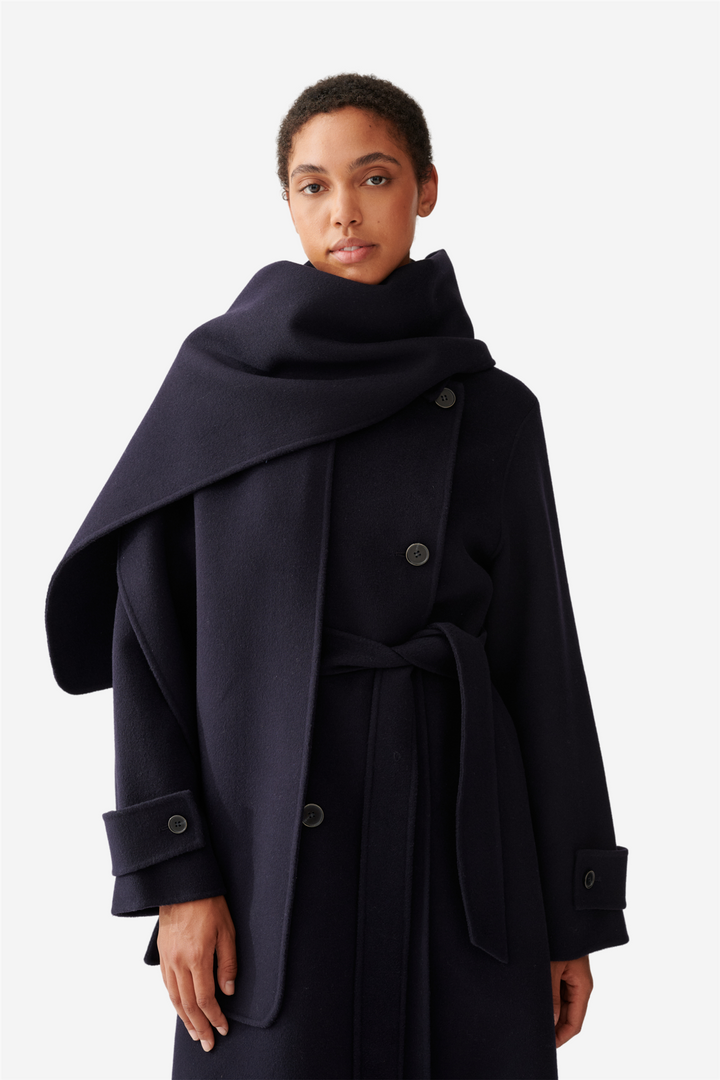 Double Faced Wool Long Trench Dark Navy