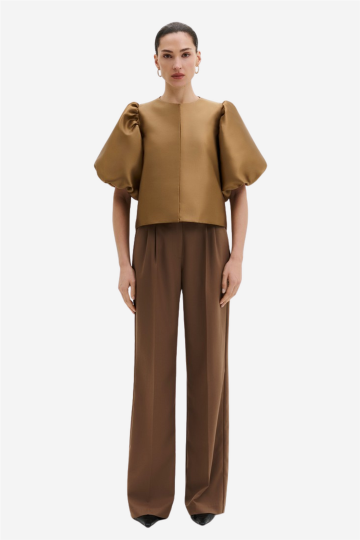 Cleo Puff-Sleeve Satin Blouse Camel