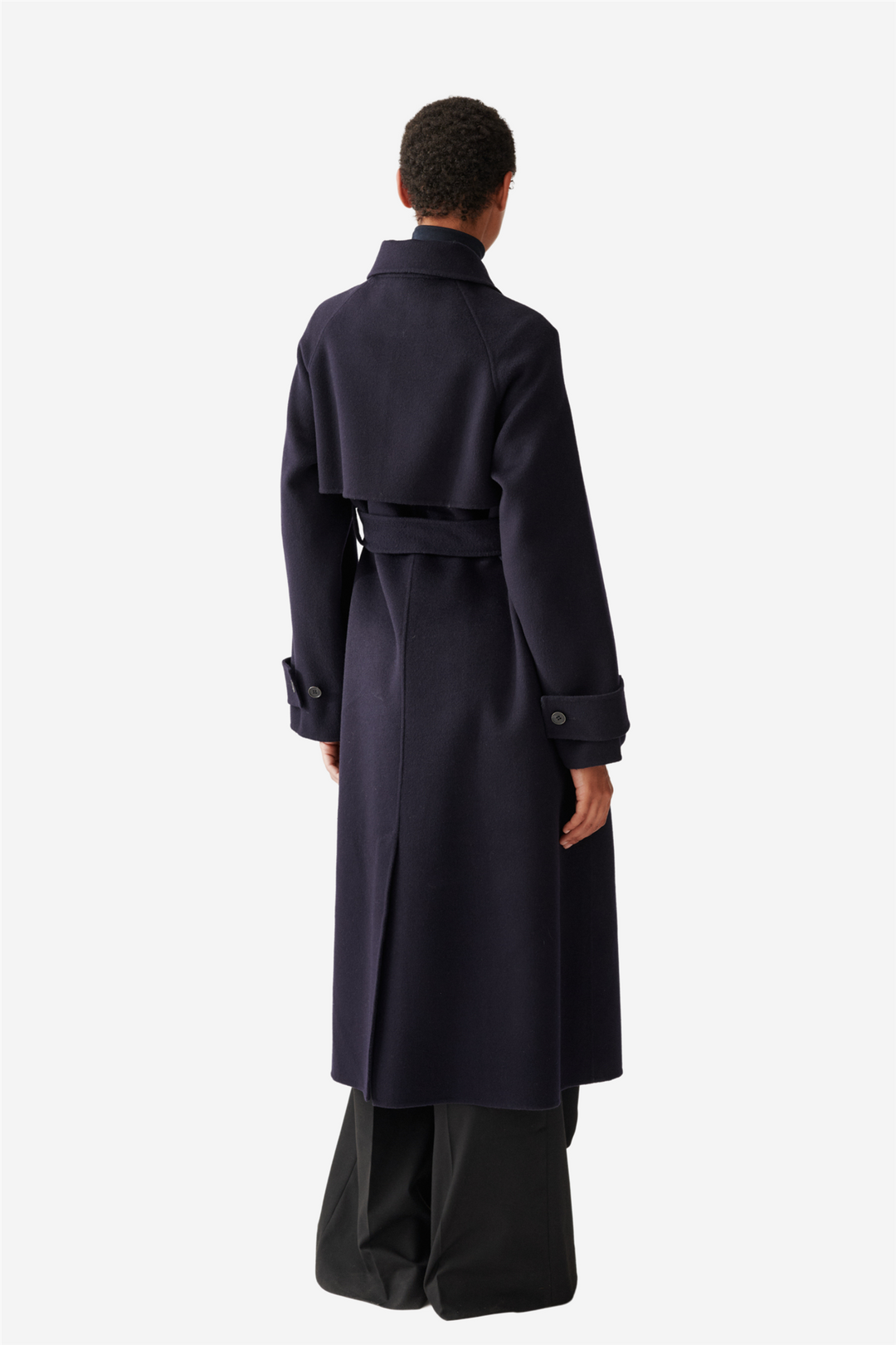 Double Faced Wool Long Trench Dark Navy