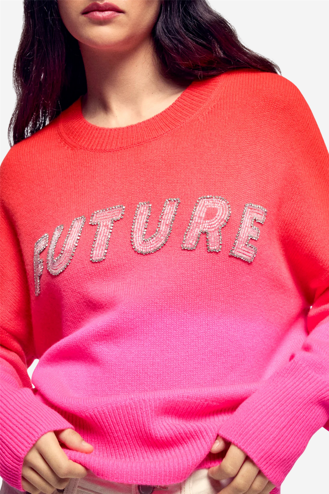 Pearl Embroidered Crewneck Sweater Fire Orange