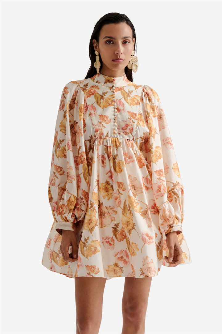 Tyra High Neck Balloon Sleeve Mini Dress Cream Peony