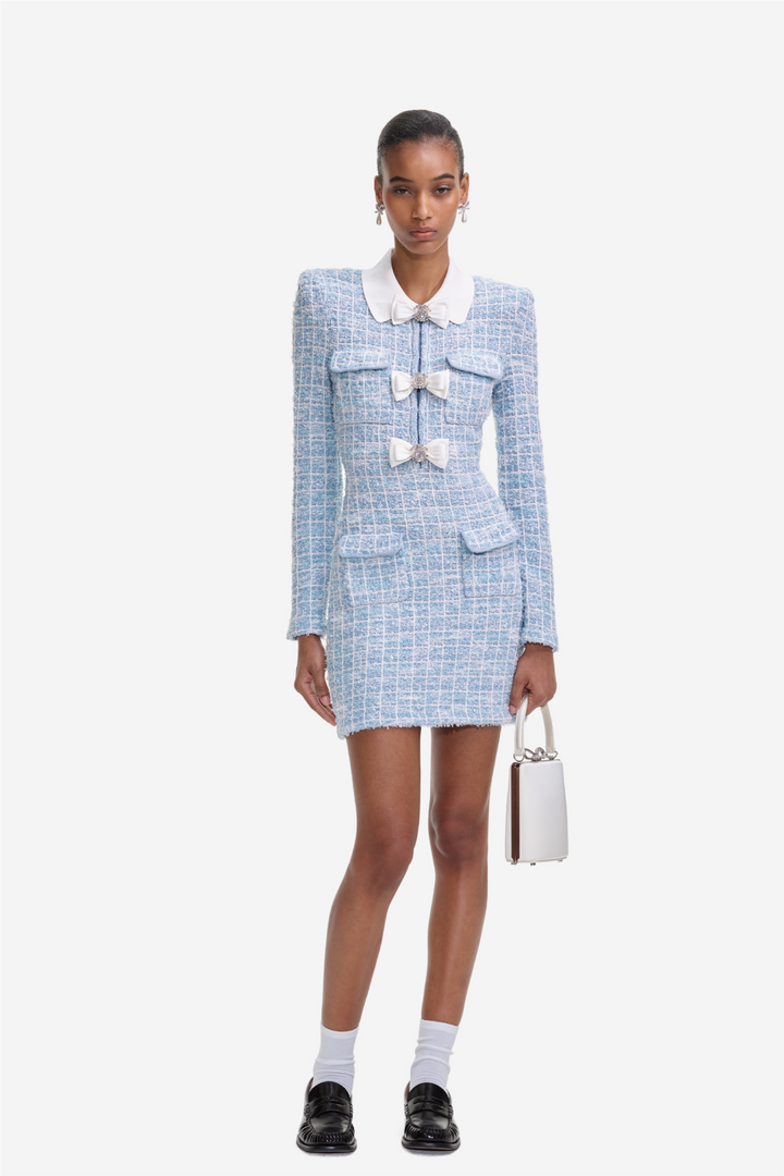 Blue Check Collared Knit Mini Dress