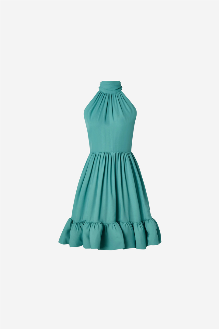 Fern Halterneck Ruffled Mini Dress Deep Aqua