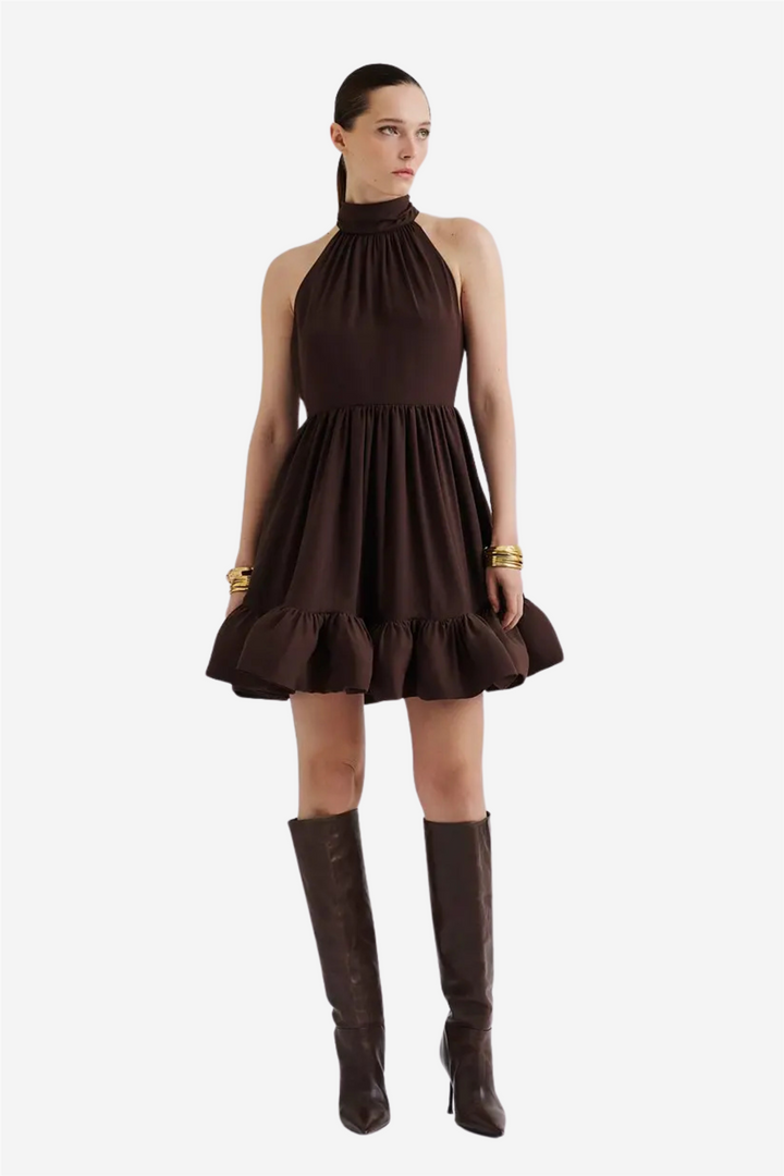 Fern Halterneck Ruffled Mini Dress Chocolate