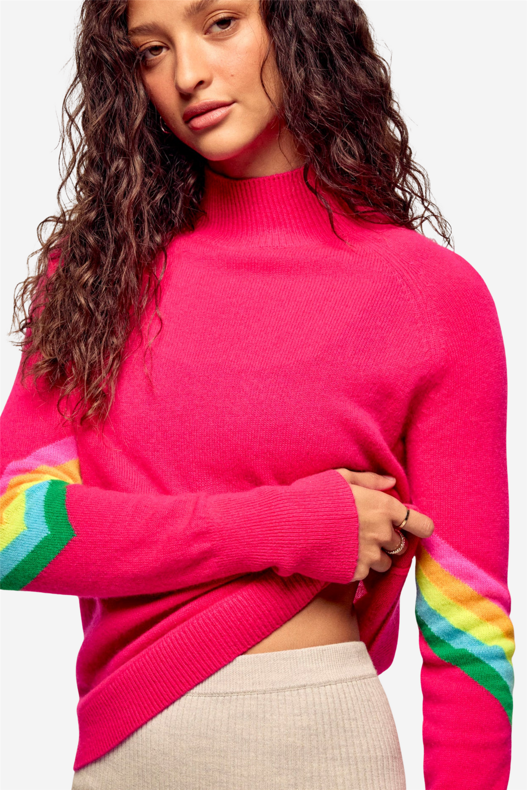 Striped Mock-Neck Sweater Raspberry Pink