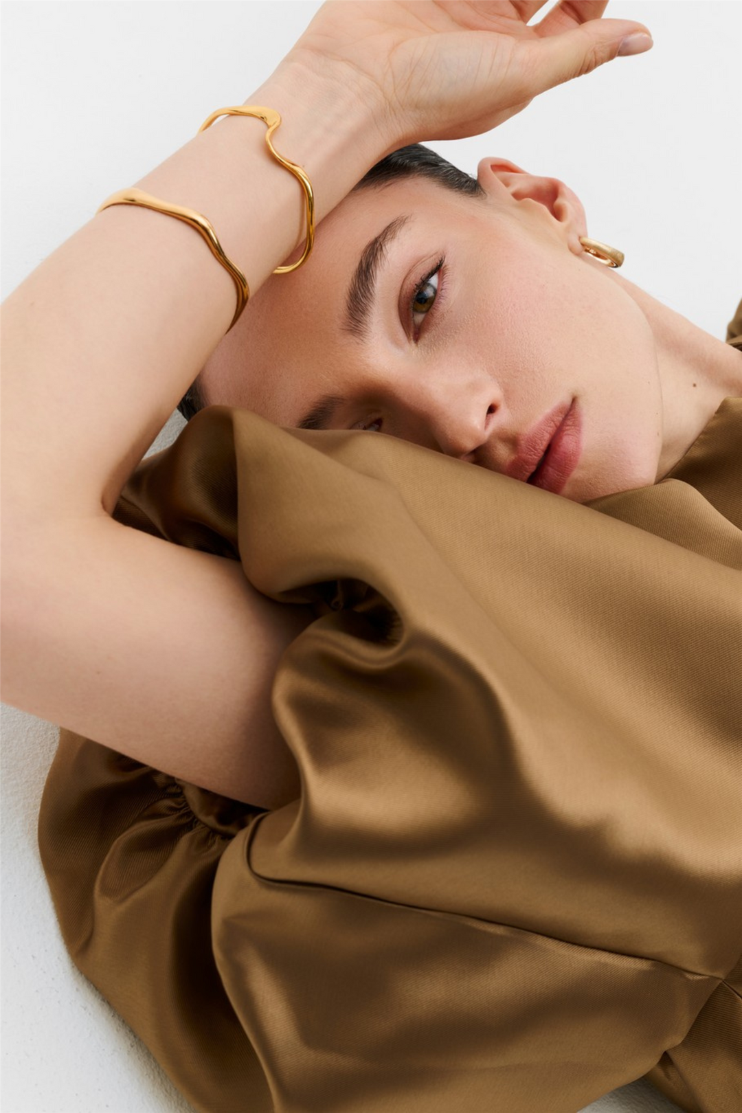 Cleo Puff-Sleeve Satin Blouse Camel