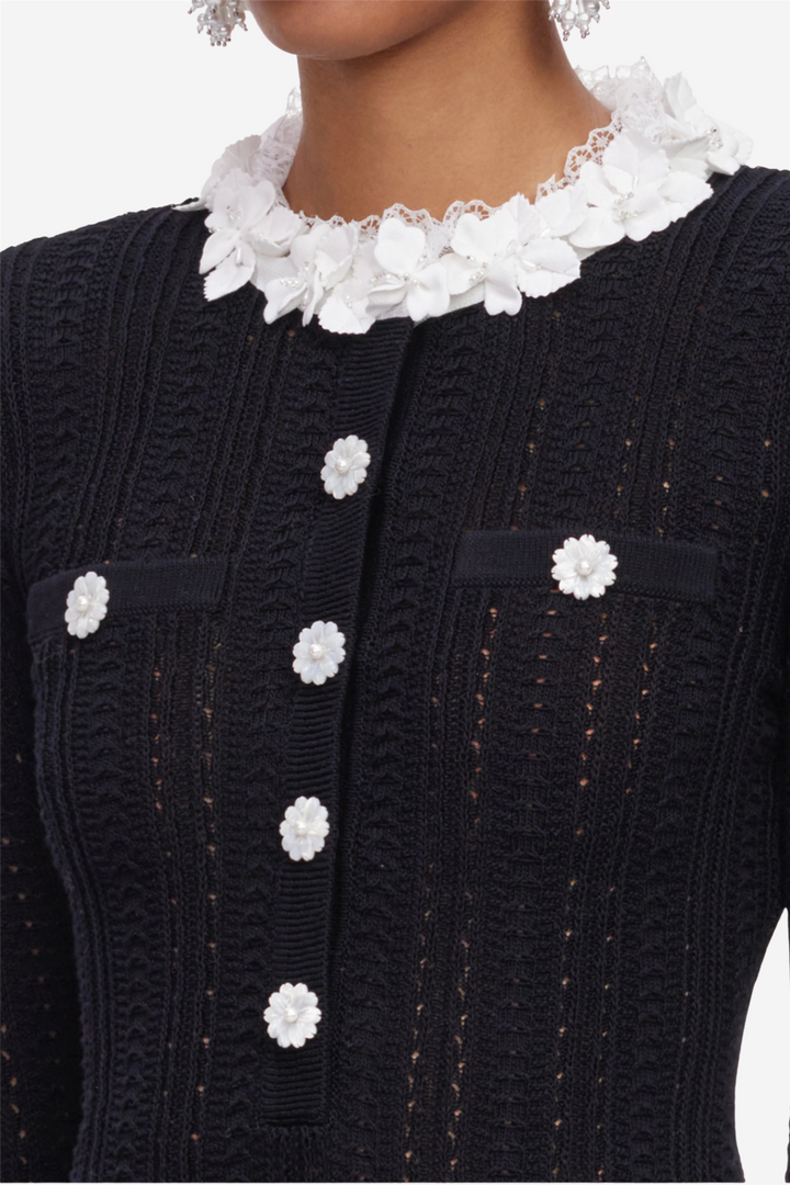 Flower Trim Knit Mini Dress Black