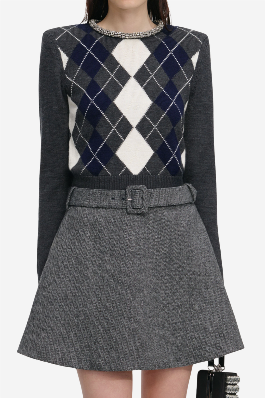 Grey Argyle Crystal Trim Jumper