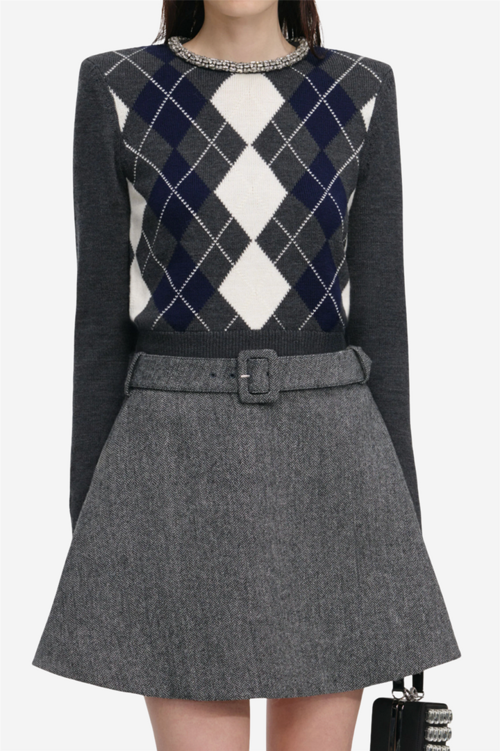 Grey Argyle Crystal Trim Jumper