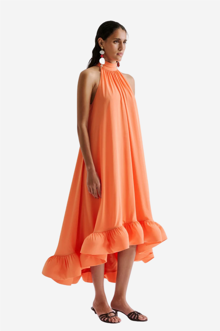 Sabrina Halterneck Ruffled Maxi Dress Papaya