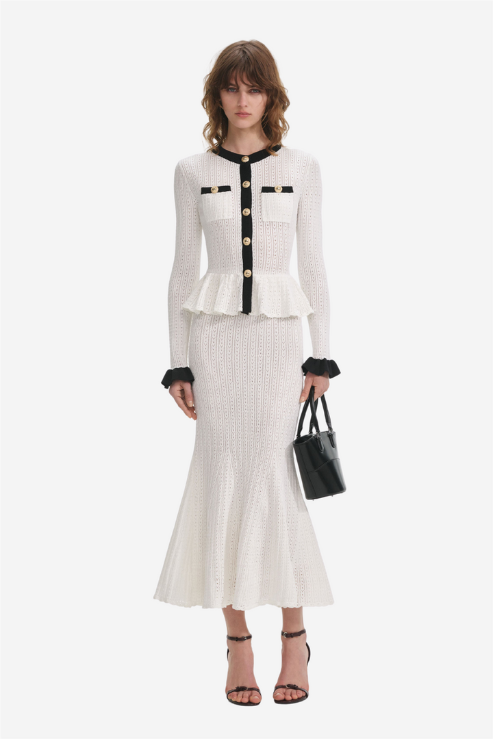 White Pointelle Knit Midi Dress