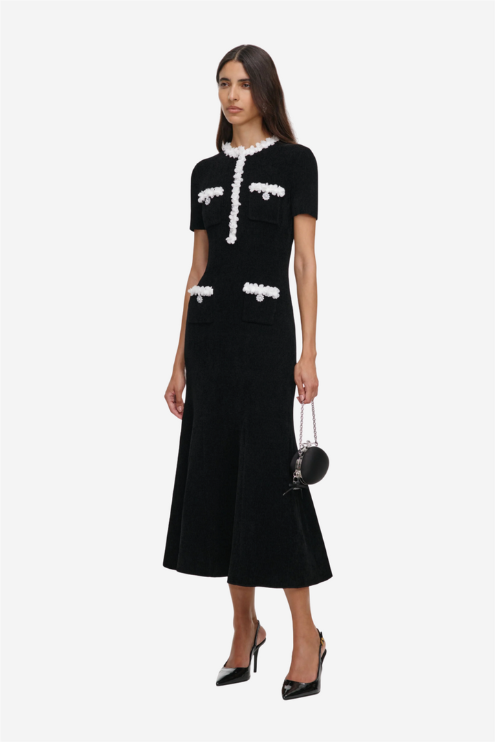 Chenille Knit Flower Trim Midi Dress Black