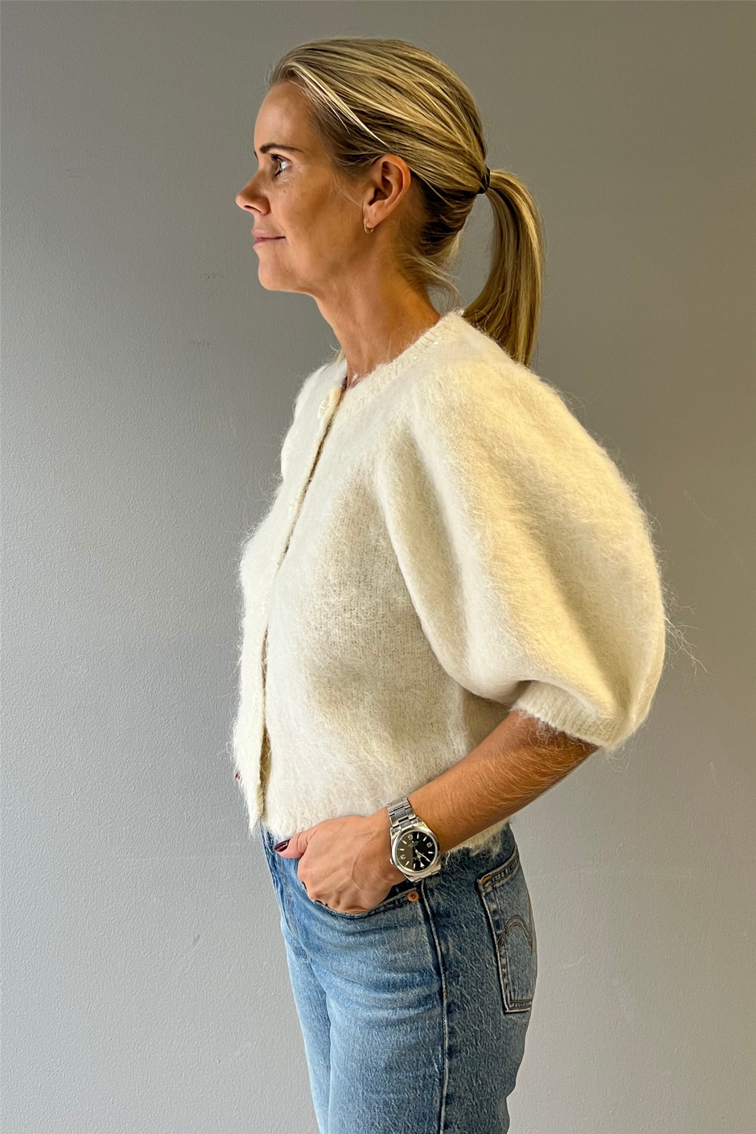Hairy Knit Puffed Jacket Off White