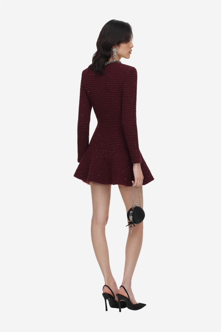 Textured Knit Embellished Mini Dress Burgundy