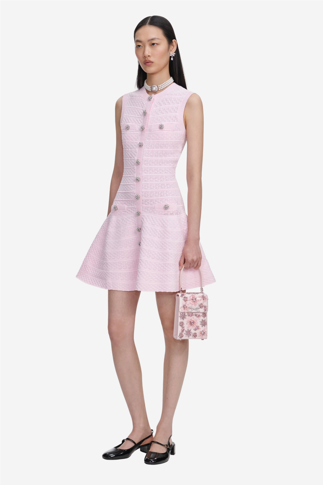 Pointelle Diamante Knit Mini Dress Pink