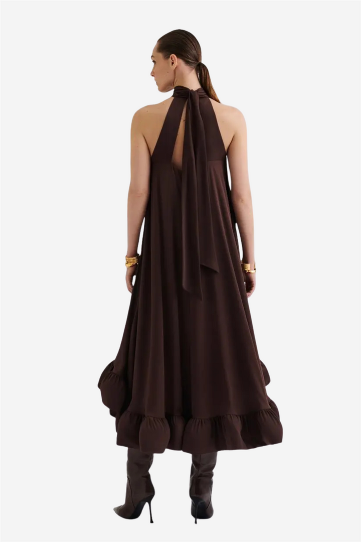 Sabrina Halterneck Ruffled Midi Dress Chocolate