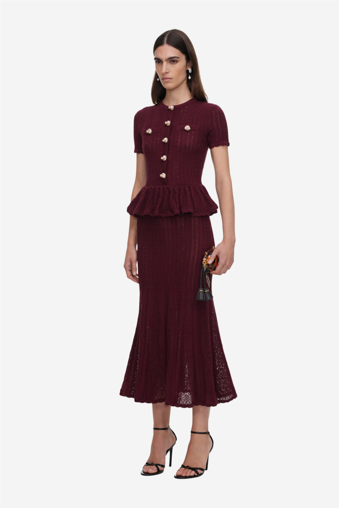 Pointelle Peplum Knit Midi Dress Burgundy