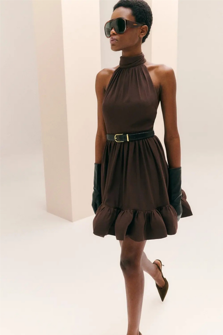 Fern Halterneck Ruffled Mini Dress Chocolate
