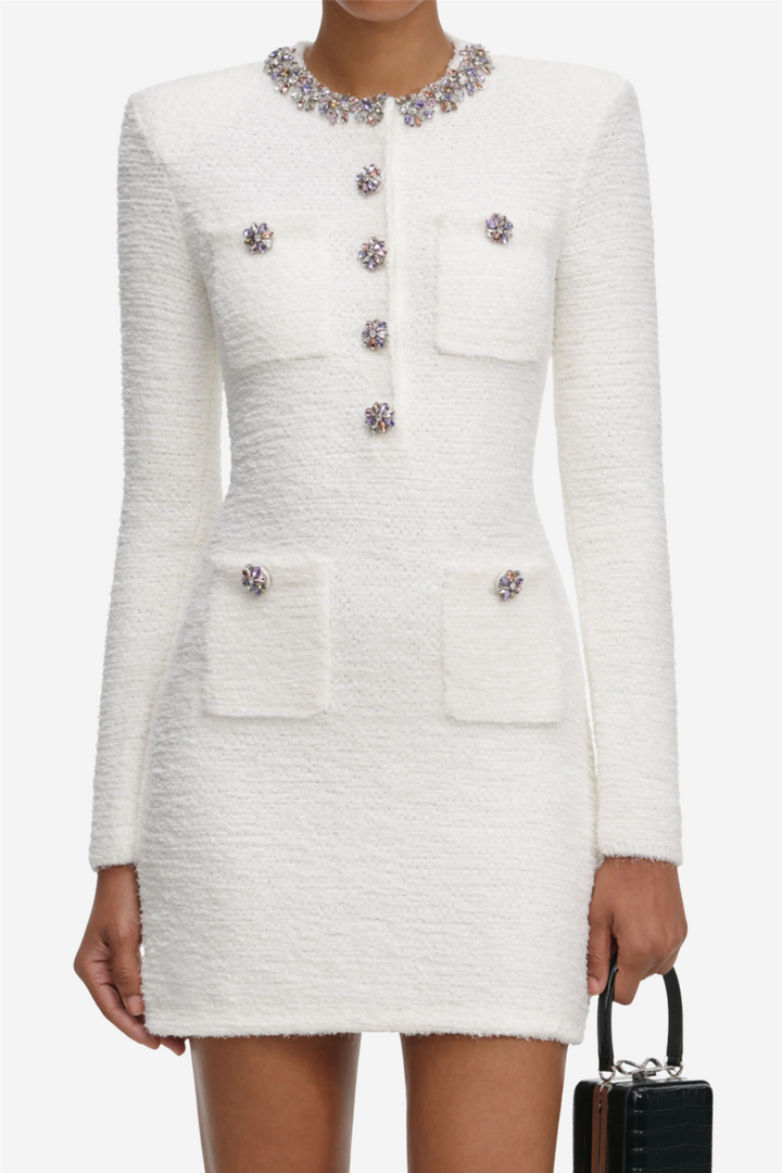 Cream Crystal Trim Knit Mini Dress