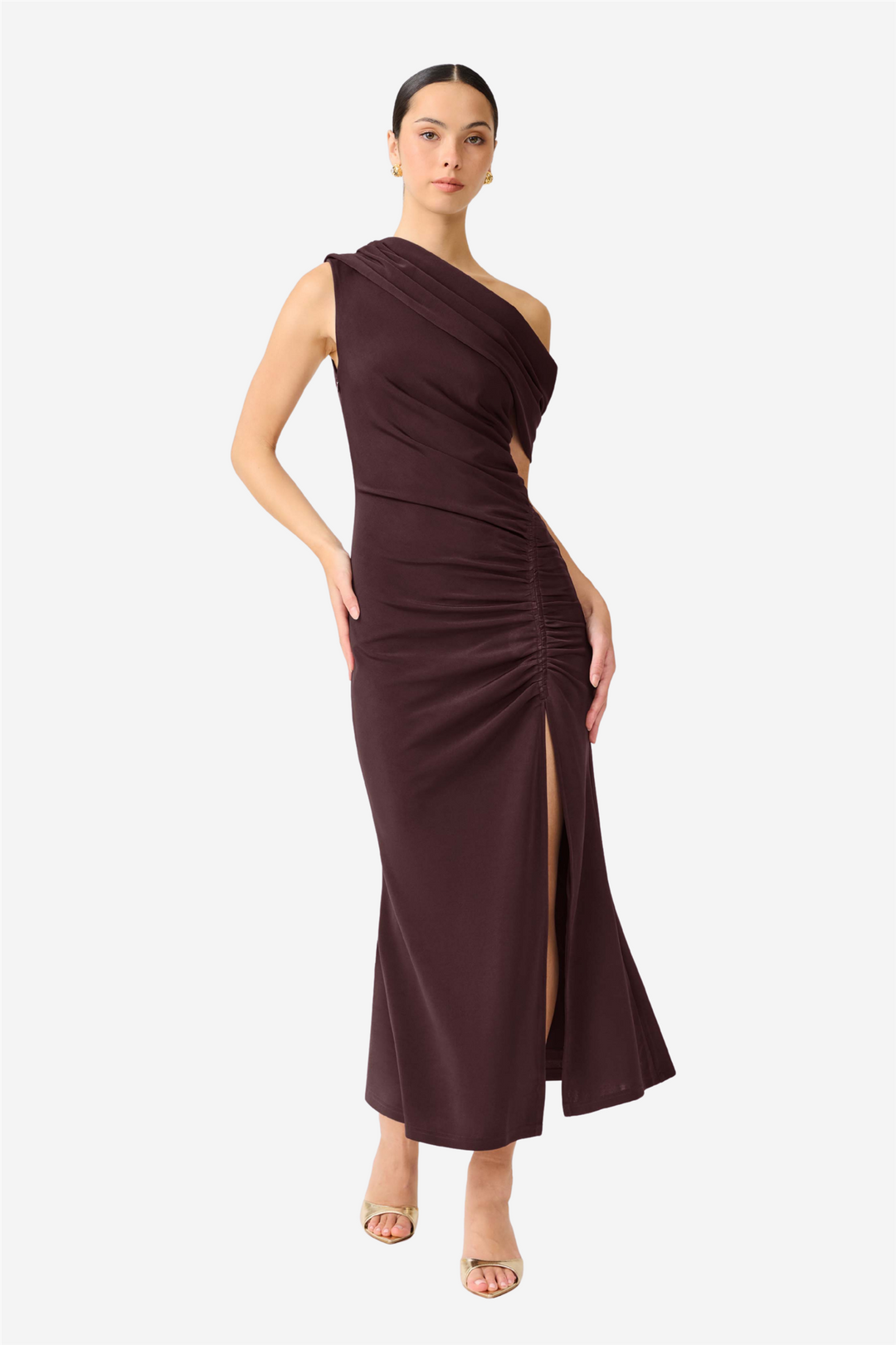 Simone One Shoulder Maxi Dress Chocolate Brown