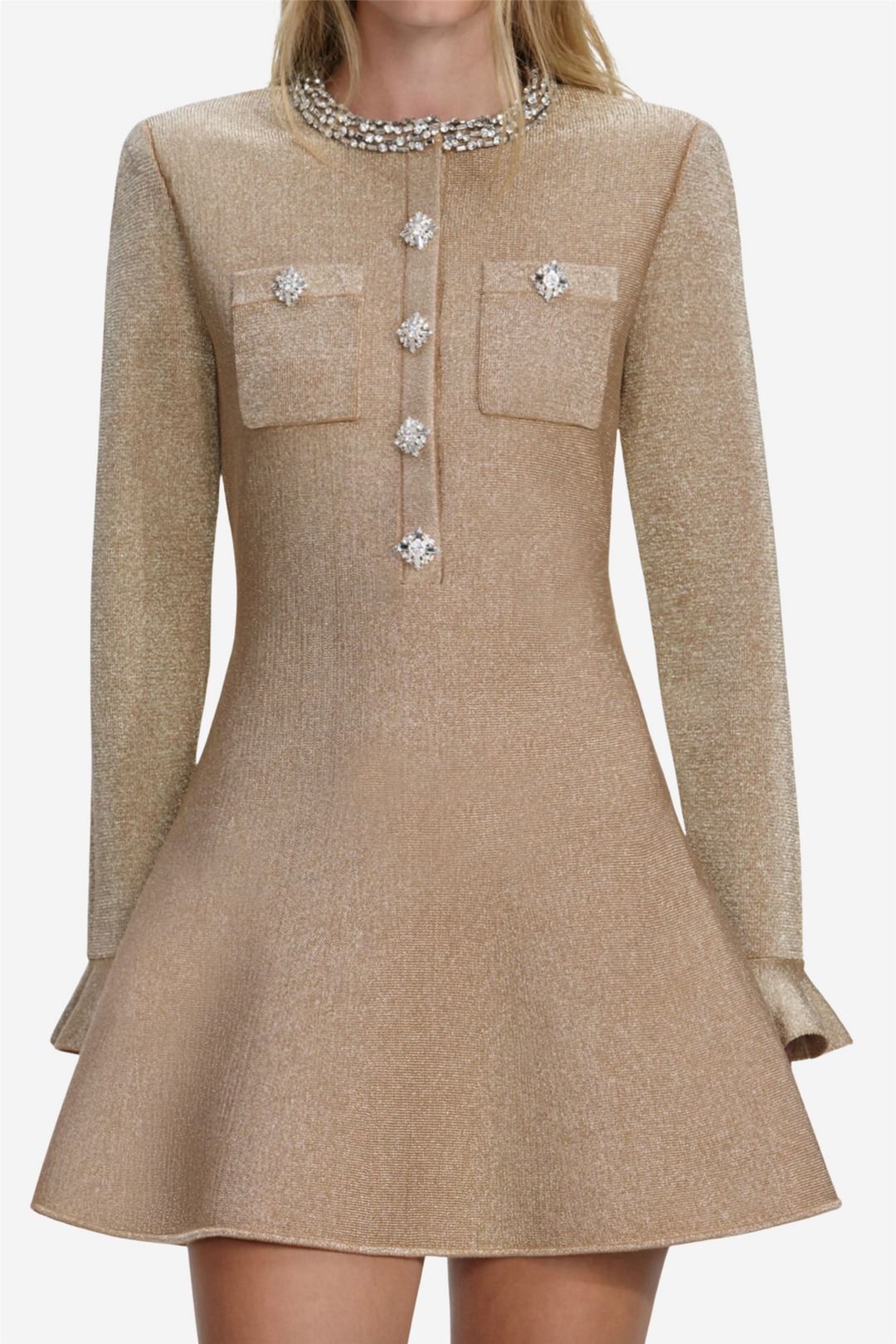 Gold Crystal Trim Knit Mini Dress