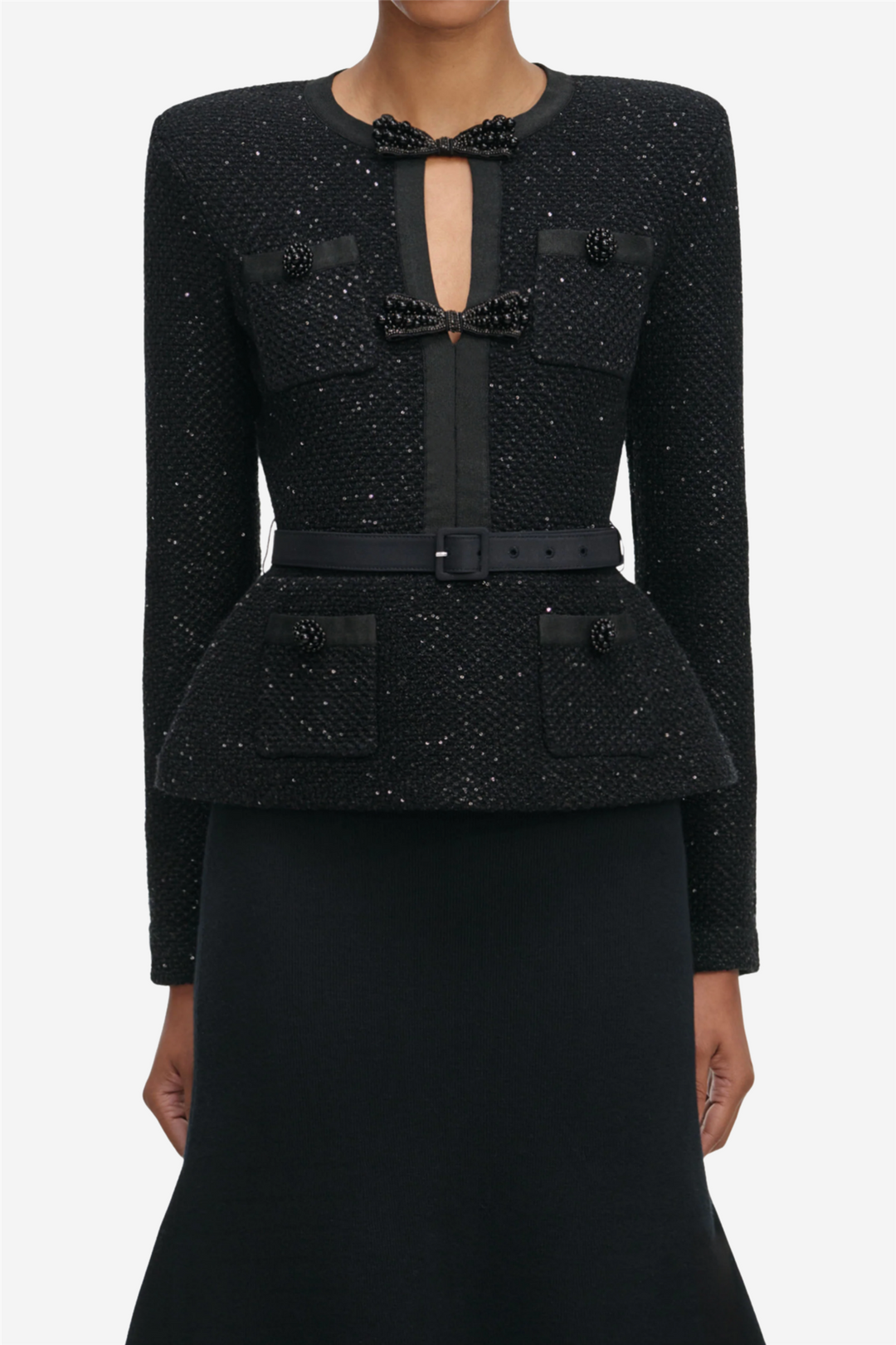 Black Sequin Knit Tailored Midi Dress