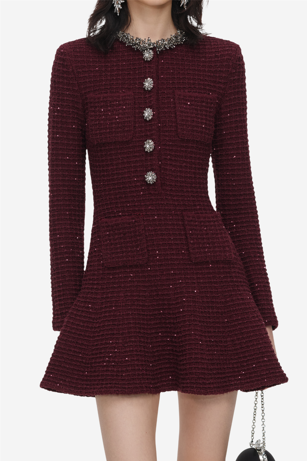 Textured Knit Embellished Mini Dress Burgundy