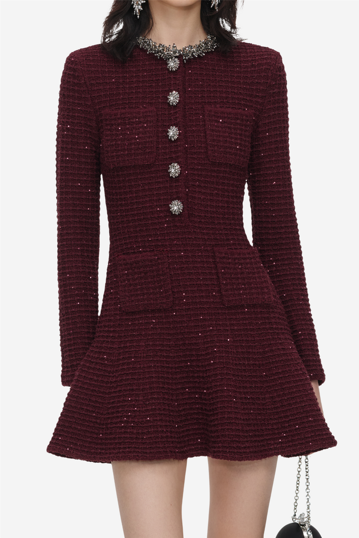 Textured Knit Embellished Mini Dress Burgundy