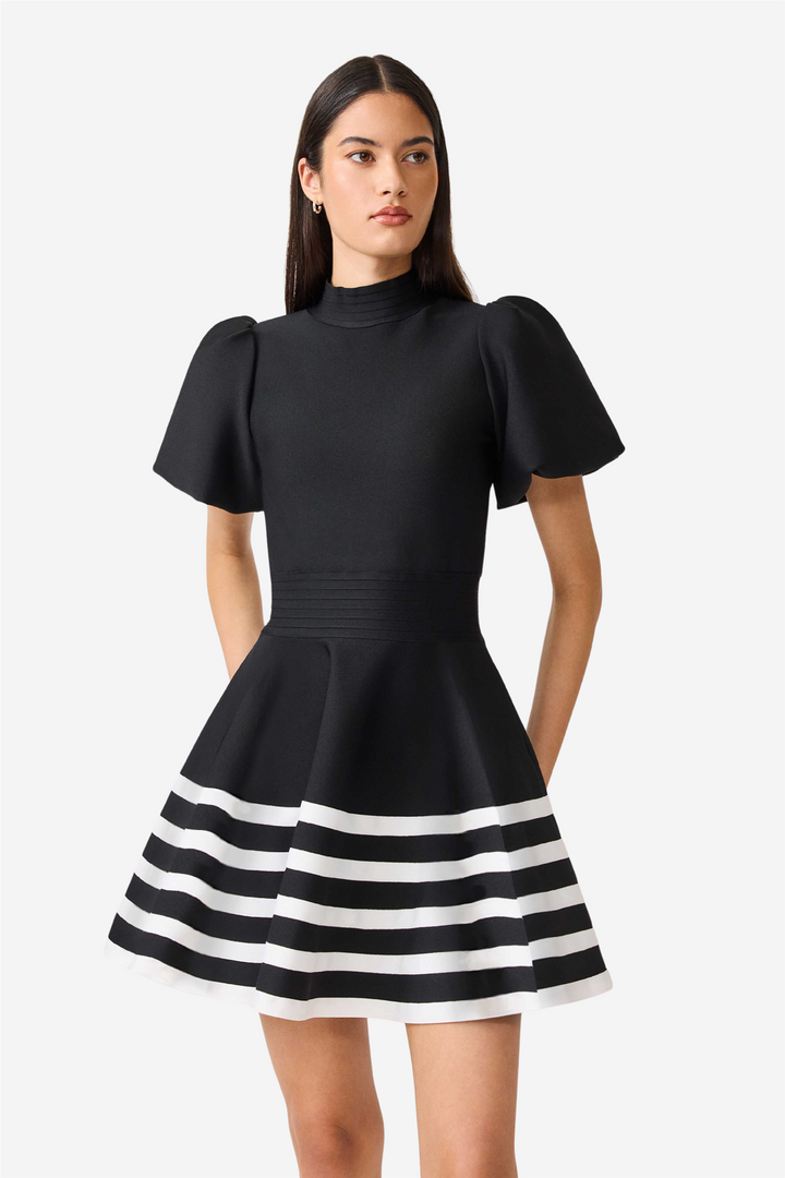 Ninette Puff Sleeves Flare Mini Dress Black And White