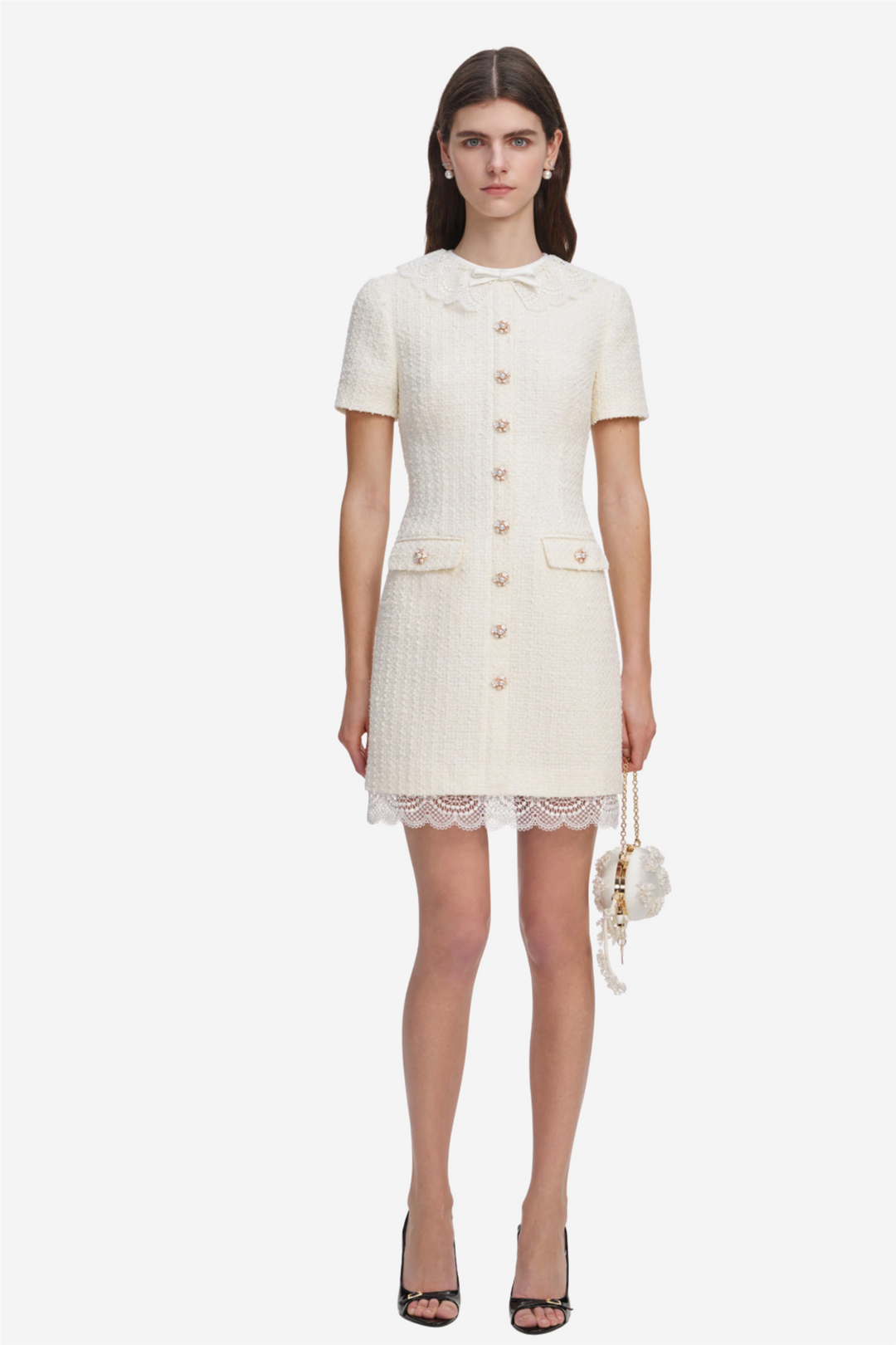 Boucle Lace Trim Mini Dress Cream