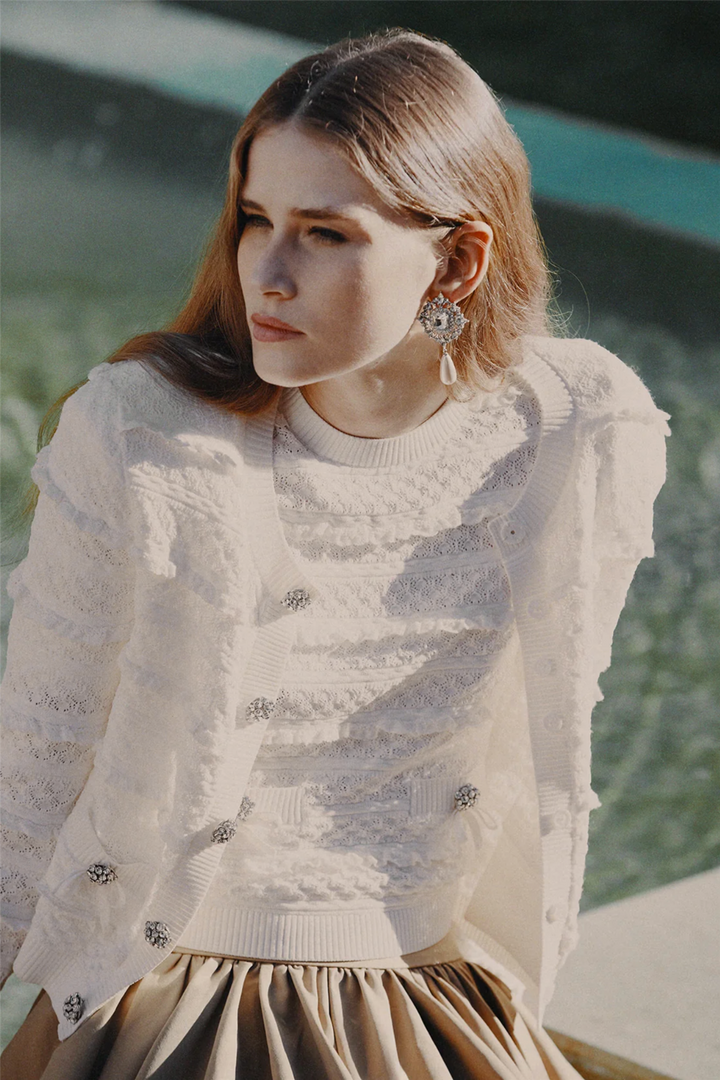 Pointelle Diamante Cardigan White