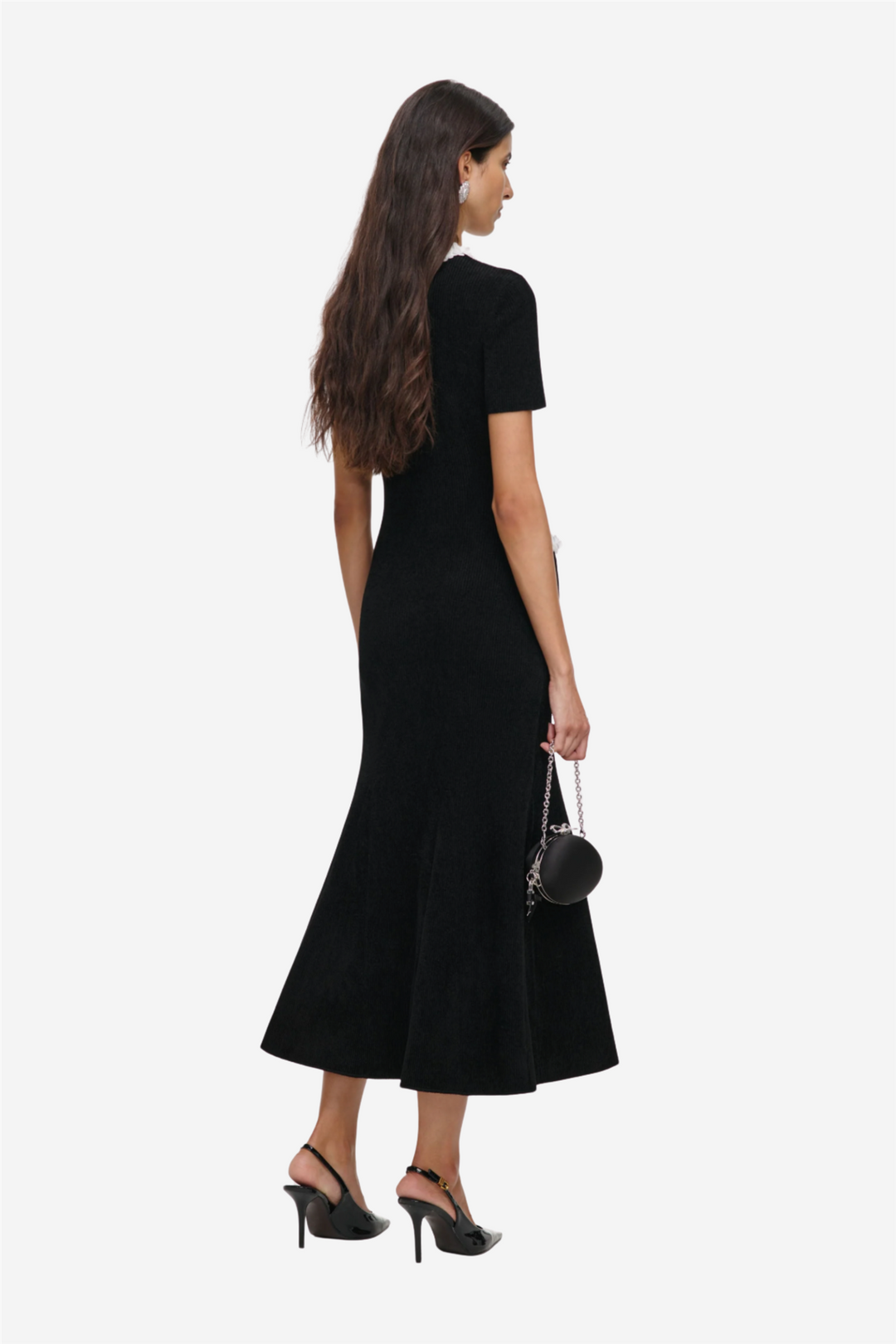 Chenille Knit Flower Trim Midi Dress Black