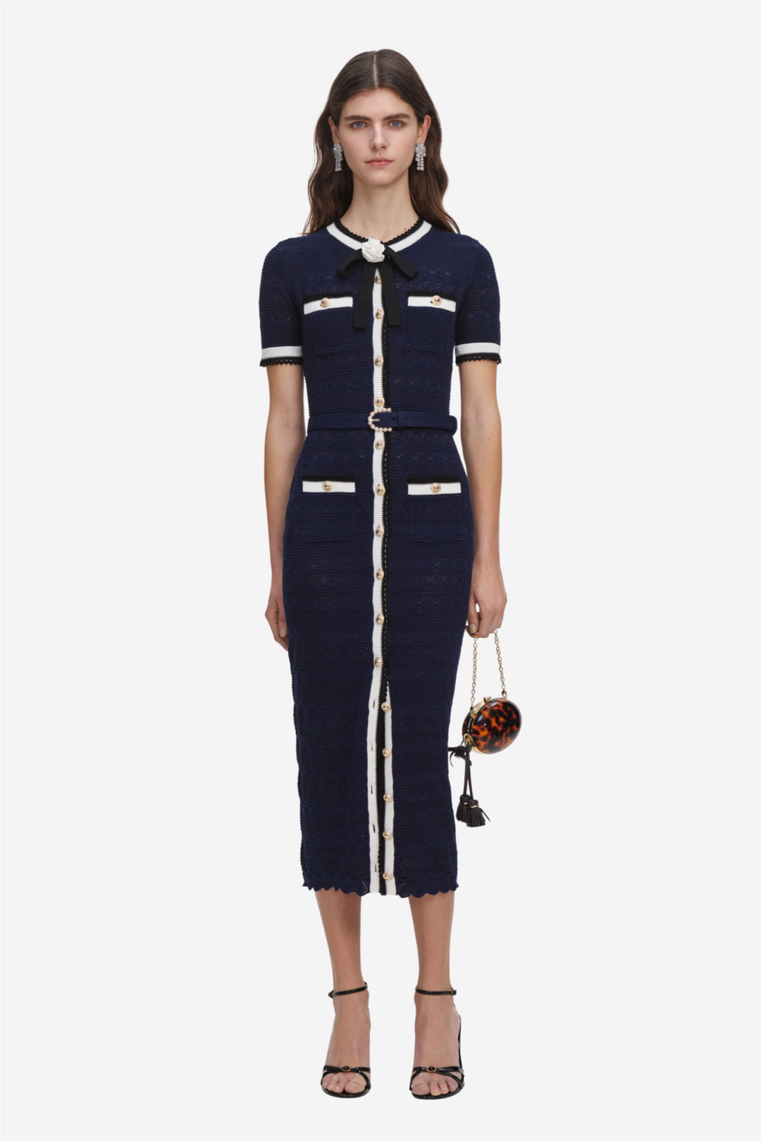 Pointelle Knit Midi Dress Navy