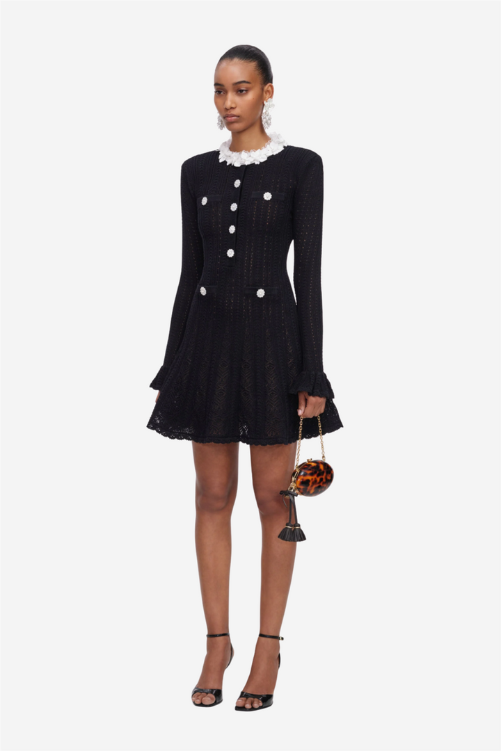 Flower Trim Knit Mini Dress Black