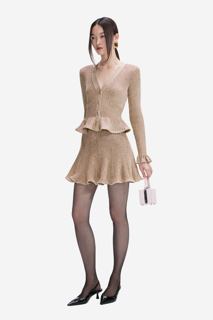 Lurex Peplum Knit Mini Dress Gold
