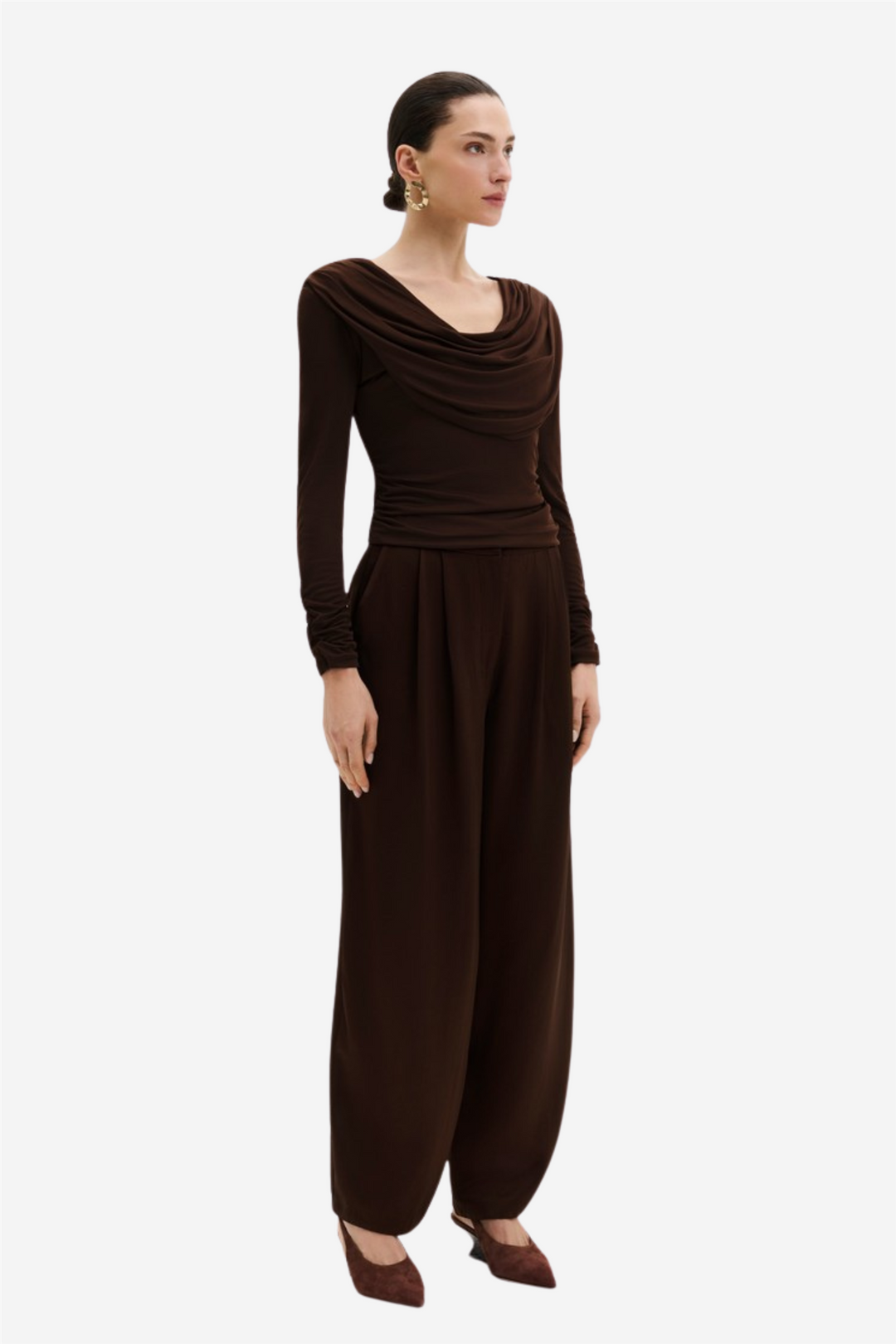 Signe Cowl Neck Jersey Top Dark Brown