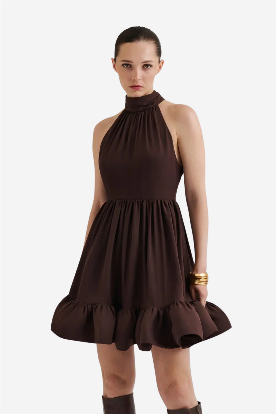 Fern Halterneck Ruffled Mini Dress Chocolate