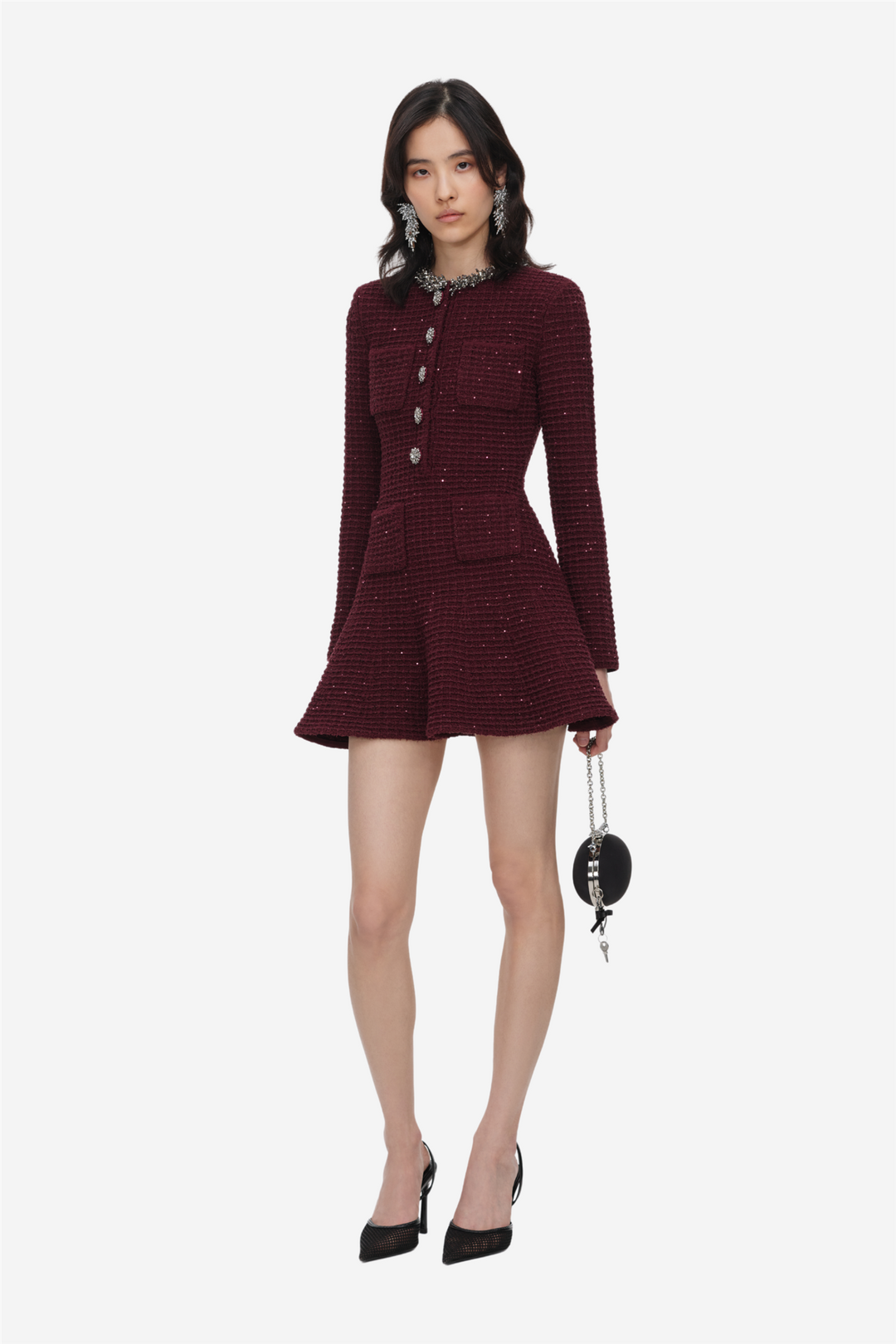Textured Knit Embellished Mini Dress Burgundy
