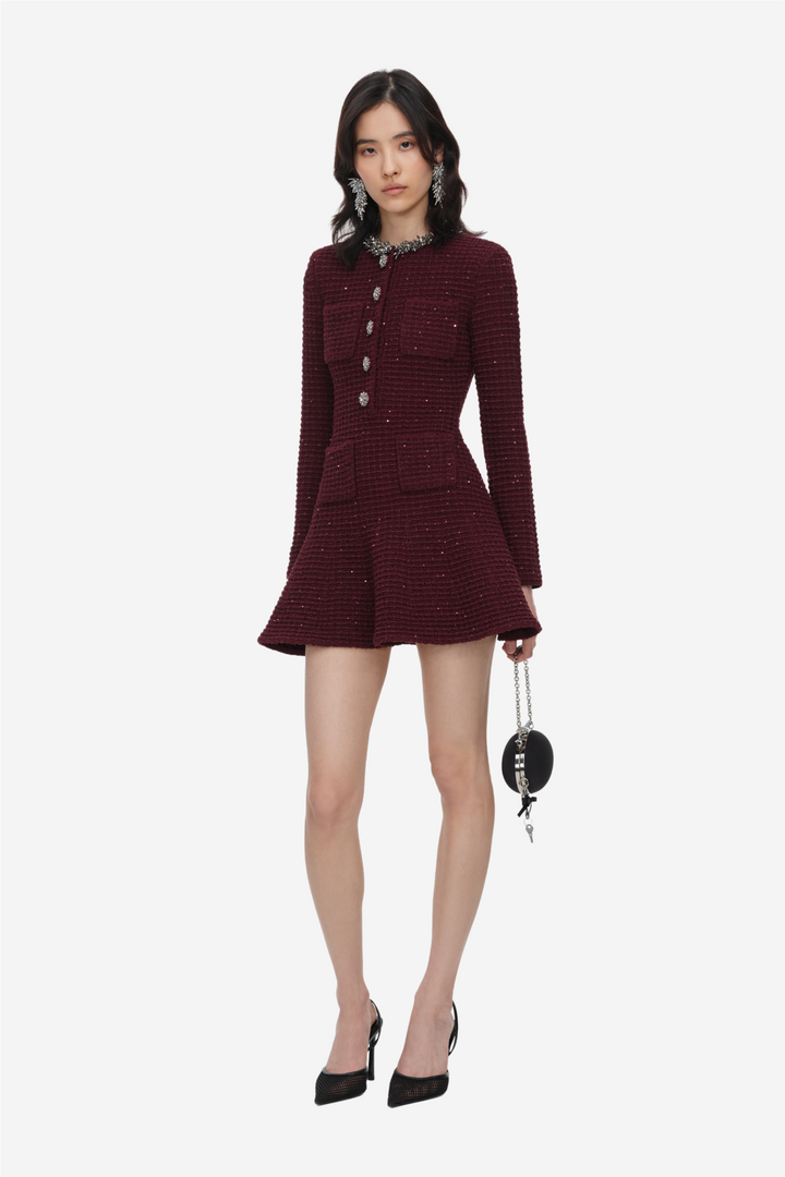 Textured Knit Embellished Mini Dress Burgundy