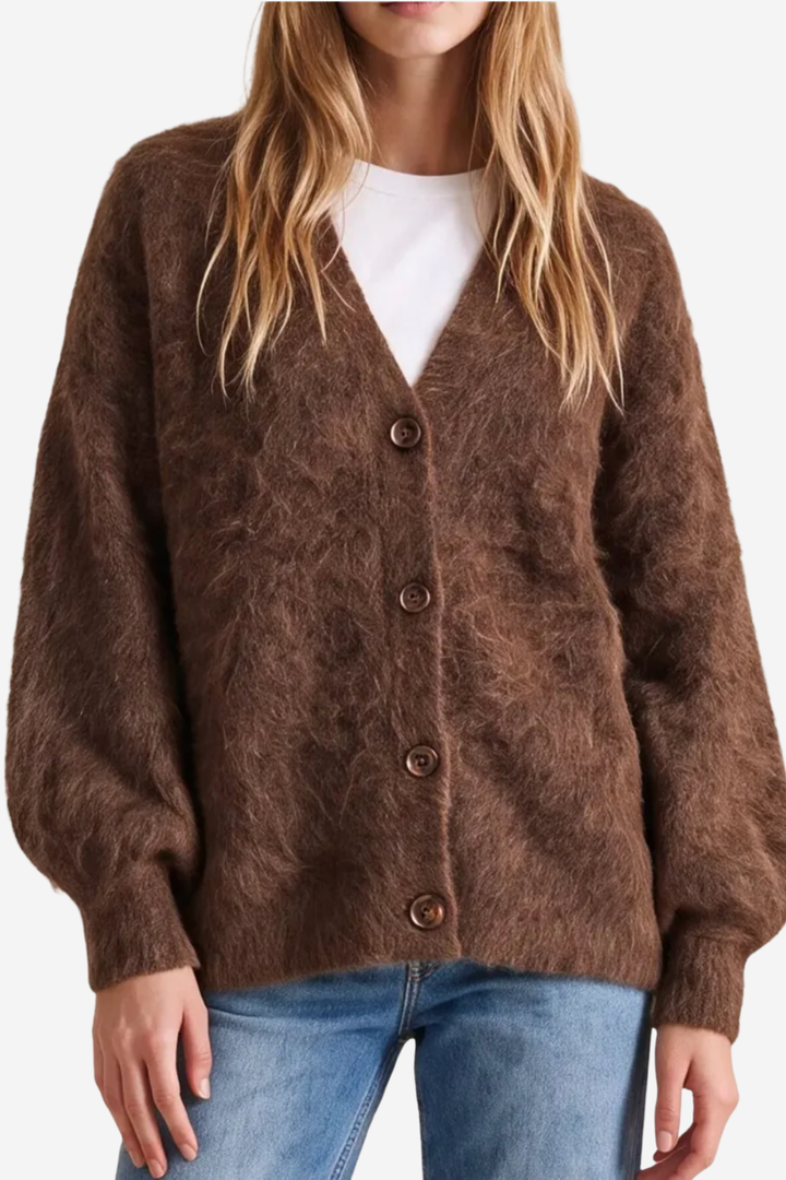Hairy Knit V-Neck Jacket Brown
