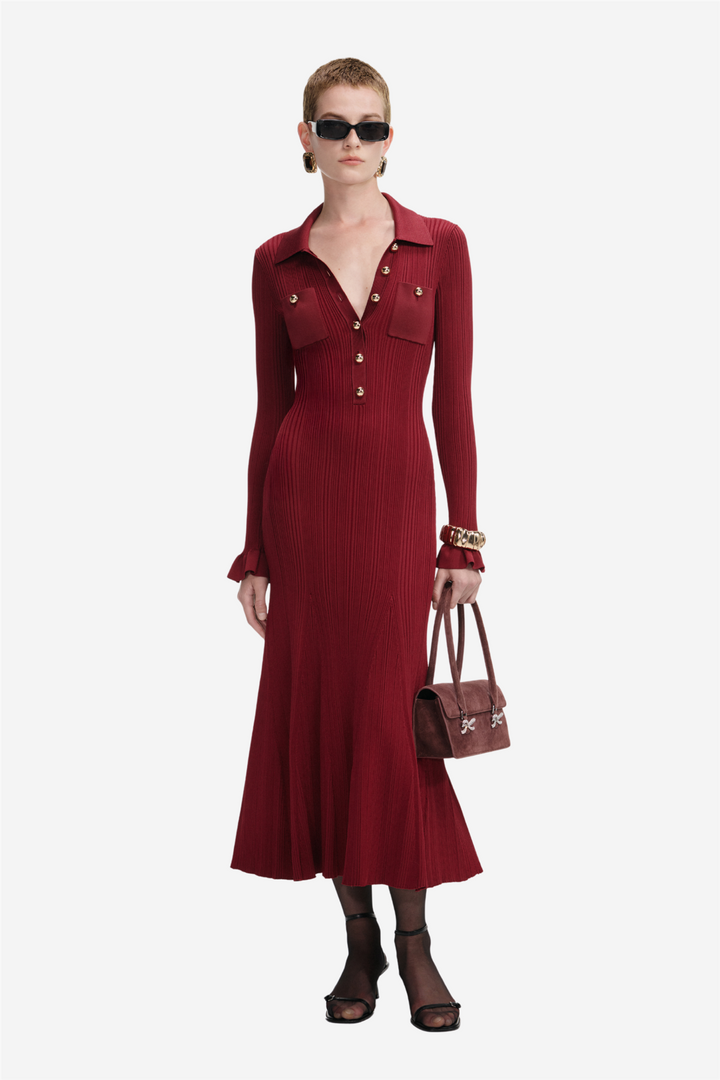 Ribbed Knit Midi Dress Burgundy