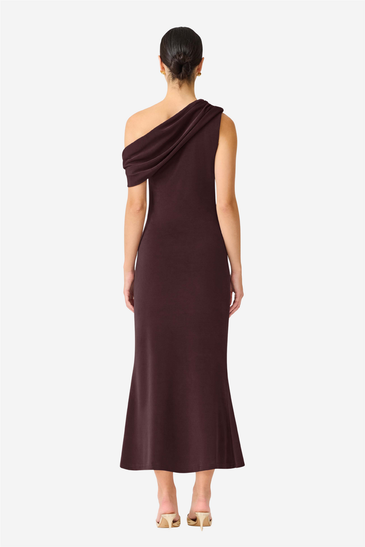 Simone One Shoulder Maxi Dress Chocolate Brown
