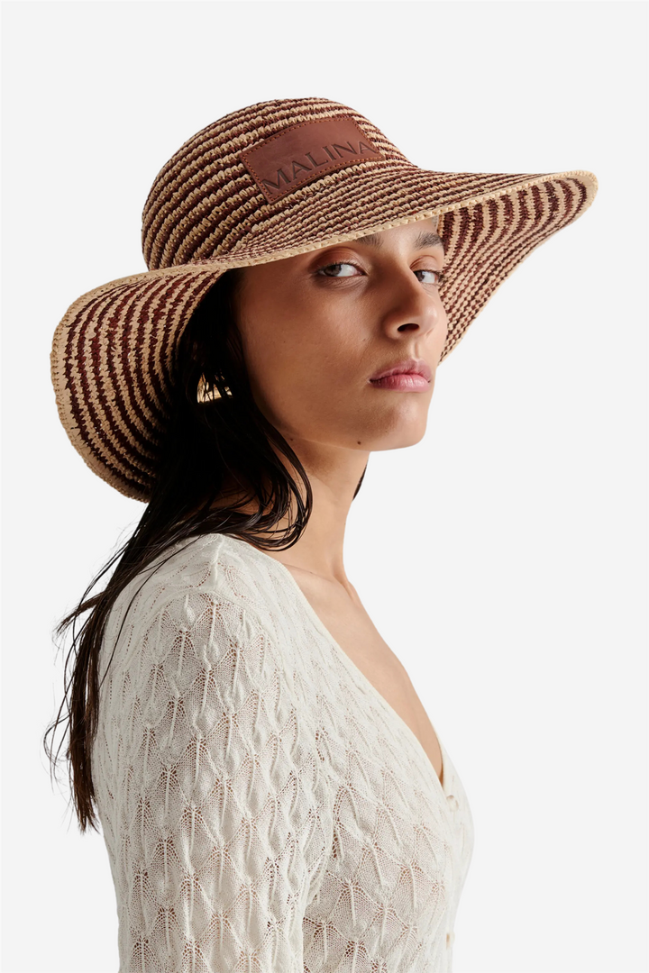 Lyra Wide Brim Raffia Hat Terracotta Stripe