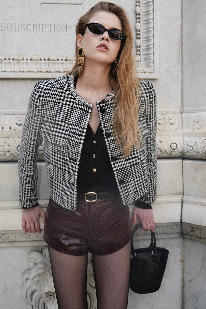 Houndstooth Crystal Trim Jacket Black and White