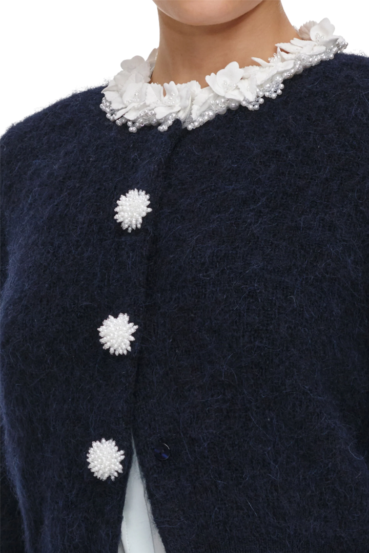 Flower Pearl Trim Knit Jumper Navy