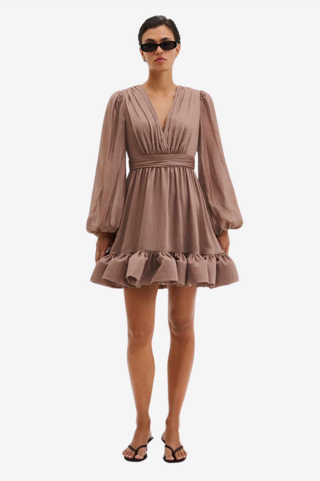 Jadie V-Neck Ruffled Mini Dress Taupe