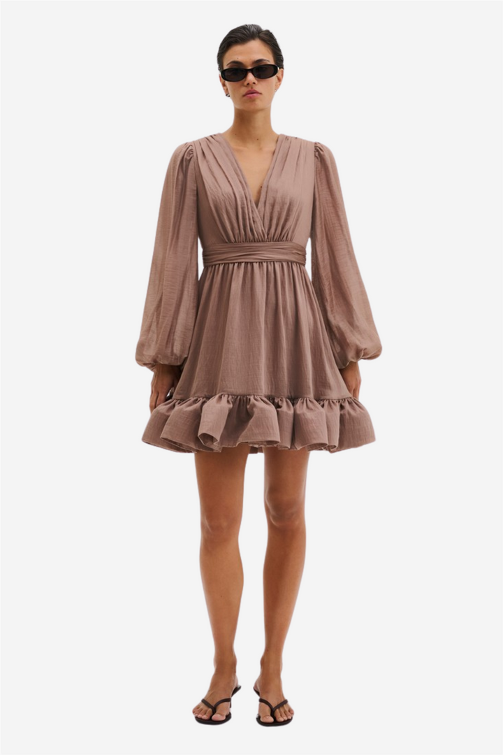 Jadie V-Neck Ruffled Mini Dress Taupe